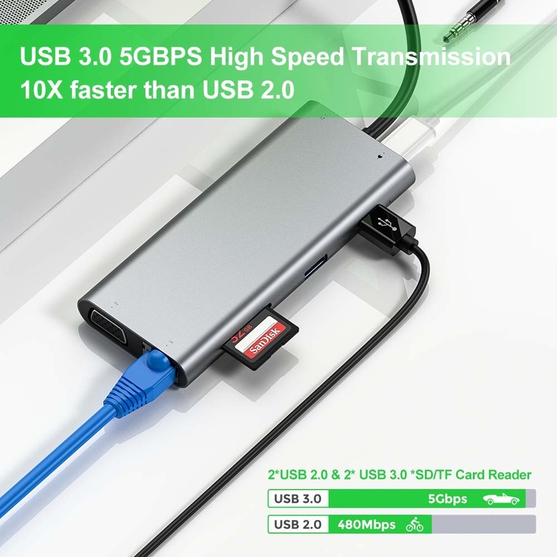 11 منفذ 11 في 1 USB Type C Hub 10Gbps محطة توصيل USB C Plug And Play تكامل البرمجيات