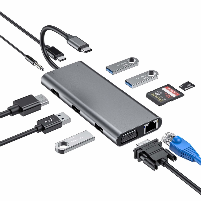 محطة رصيف متعددة الموانئ من النوع C 11 في 1 مع محول USB3.0 PD SD / TF 4K HDMI VGA RJ45