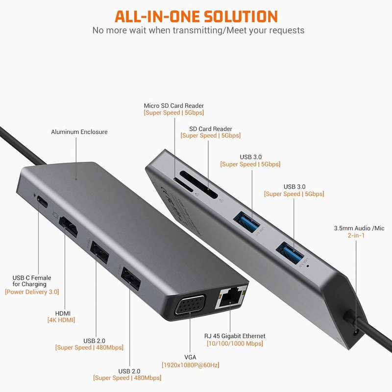 11 في 1 الألومنيوم الفضة USB C محور مع 3.5mm الصوت جاك قارئ بطاقة SD للكمبيوتر المحمول ماك