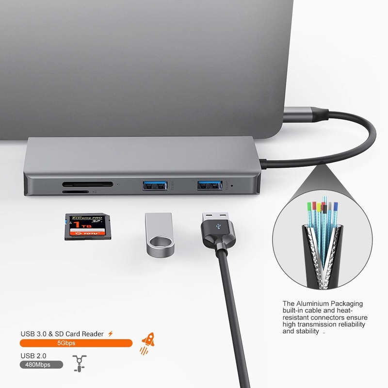 11 في 1 الألومنيوم الفضة USB C محور مع 3.5mm الصوت جاك قارئ بطاقة SD للكمبيوتر المحمول ماك