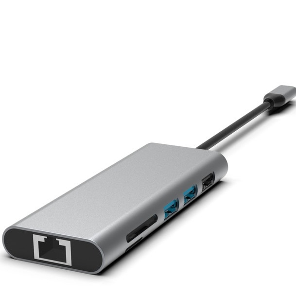 مركز USB-C فضي 10 في 1 مع HDMI USB 3.0 Ethernet 3.5mm Audio Jack للكمبيوتر الشخصي والكمبيوتر المحمول