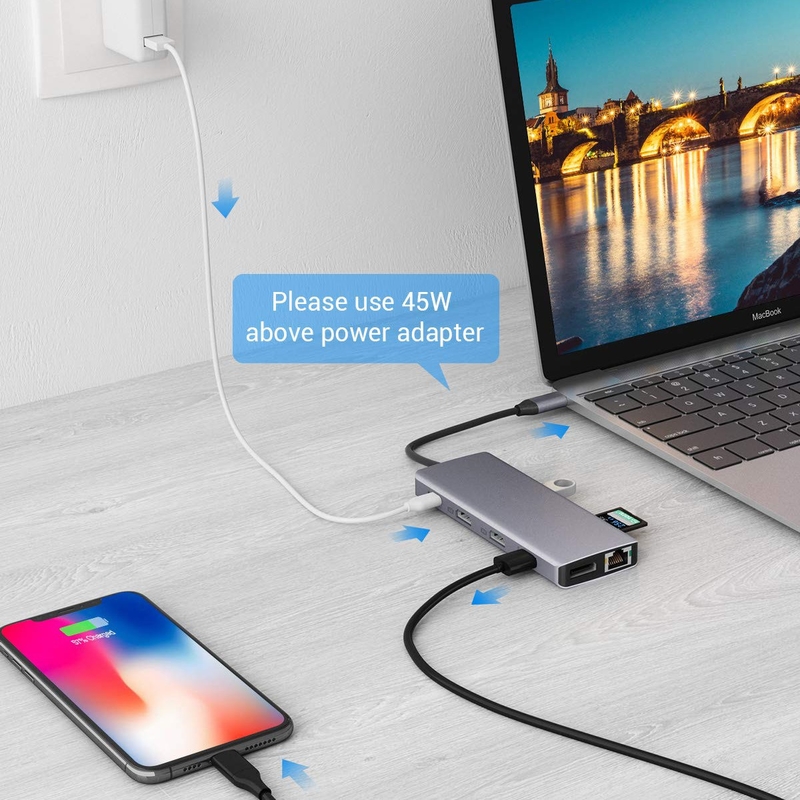 USB A Type C HDMI USB Hub مع سرعة نقل 5Gbps وإمدادات الطاقة
