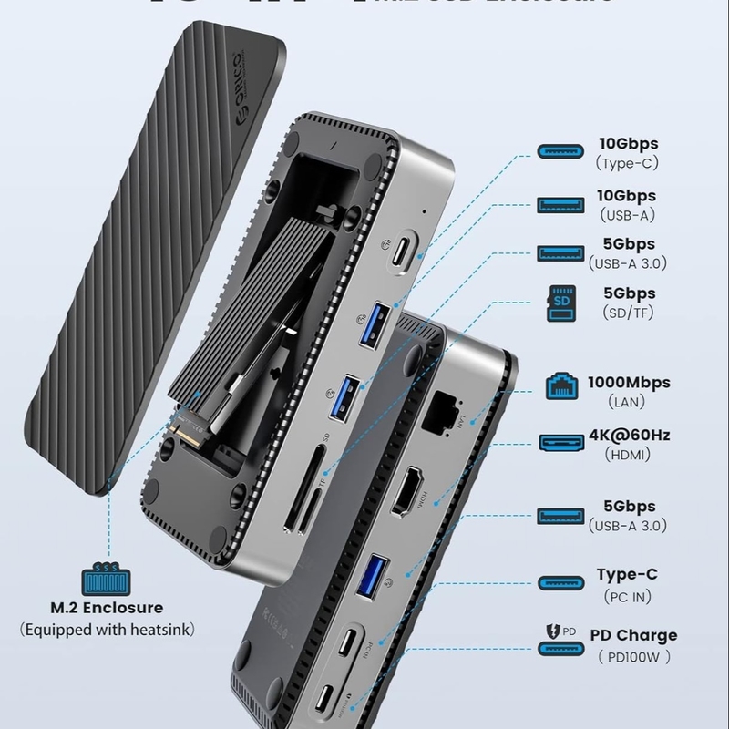 محطة توصيل USB C Displaylink مع 10Gbps USB 3.2 Gen2 M.2 NVMe/SATA SSD Reader