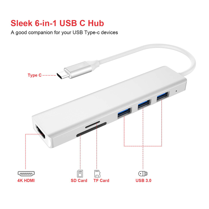 6 منافذ USB-C محور تقسيم USB-C توسيع محمول محور محور متعددة المنافذ محور البيانات