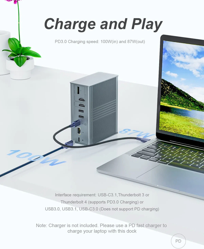 محطة توصيل USB C المحمول جهاز مراقبة ثلاثي 16-في-1 محطة توصيل USB C مع رابط العرض