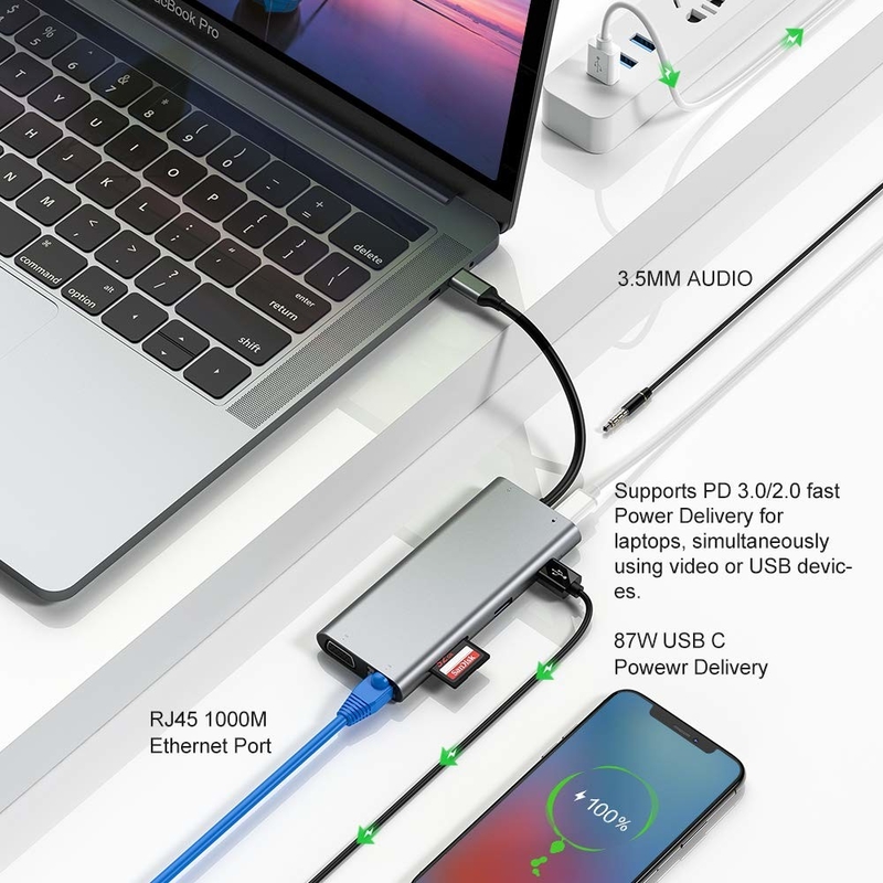 100 واط أوسب سي محول الطاقة 5 في 1 USB 3.0 محور نوع C HDMI 4K 30Hz 5Gbps 100W PD الشحن السريع