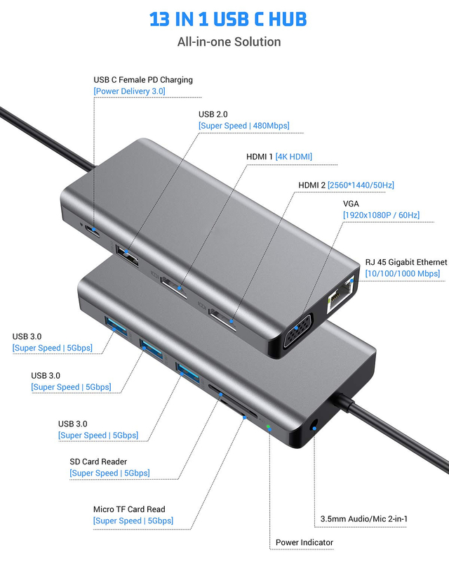 USB C 11 في 1 Multiport Dock Type C ثلاثي USB 3.0 TF بطاقة نوع C USB-C كمبيوتر محمول