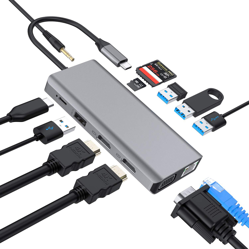 USB C 11 في 1 Multiport Dock Type C ثلاثي USB 3.0 TF بطاقة نوع C USB-C كمبيوتر محمول