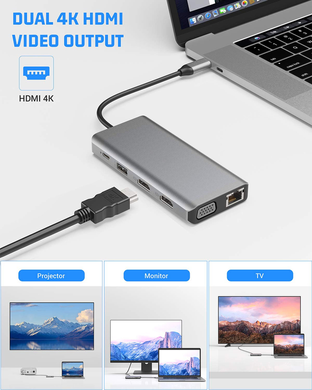 USB C 11 في 1 Multiport Dock Type C ثلاثي USB 3.0 TF بطاقة نوع C USB-C كمبيوتر محمول