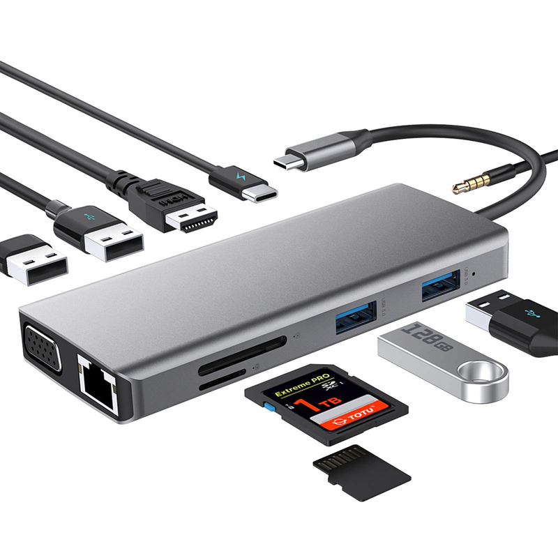 محول USB C Rj45 12 في 1 محور USB C نوع C إلى PD HDMI USB3.0 USB2.0 USB-C SD TF