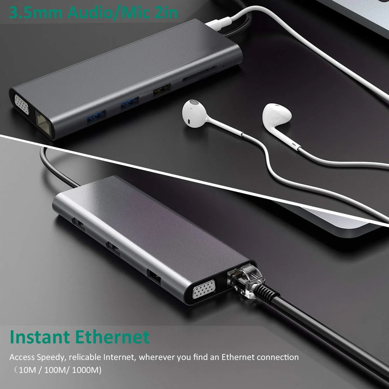محور USB 3.0 محور USB C متعددة المنافذ محمول الكمبيوتر الحاسوب الكمبيوتر محطة رصيف الشحن PD RJ45 HDMI