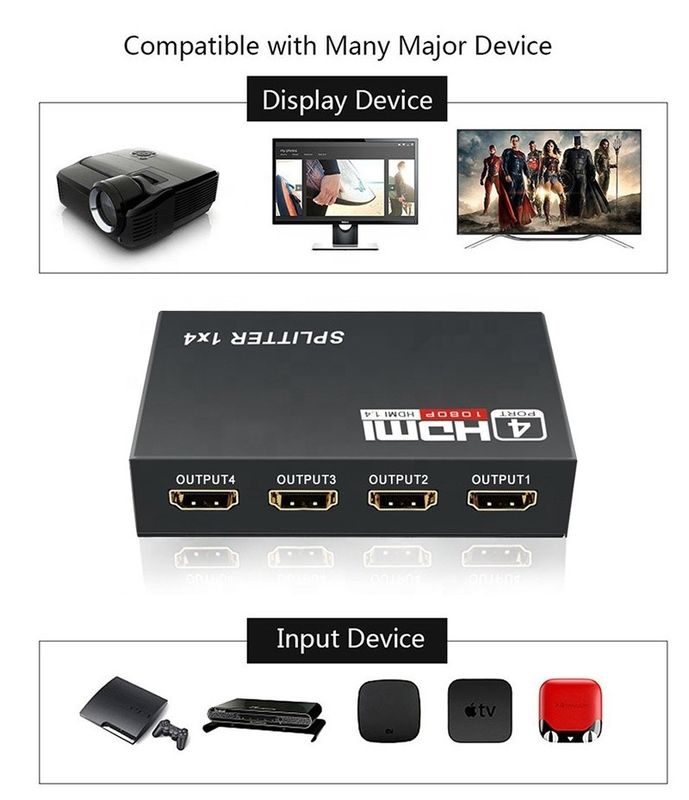 مُقسّم HDMI المهني 1x4 Full HD 3D 1080P 4 منافذ محول للفيديو الإناثي الإناثي