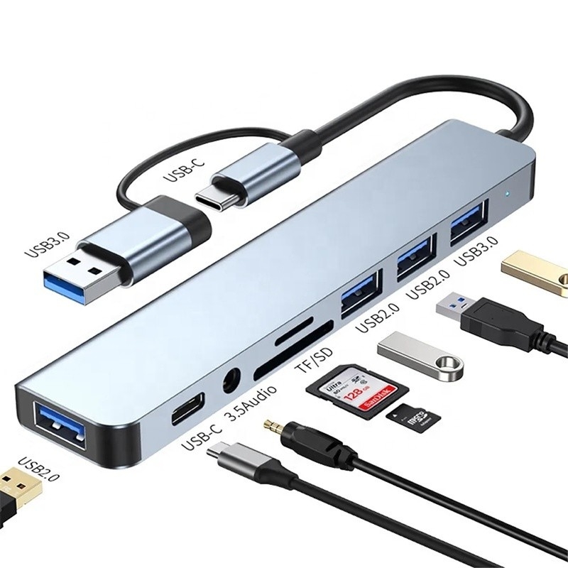 8-In-1 USB 3.0 Hub 3*USB 2.0 3.5mm Audio SD/TF Card Reader Output لنقل البيانات والشحن