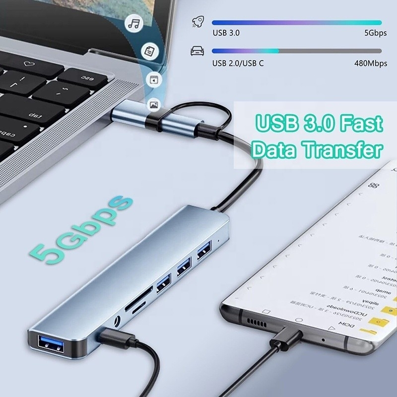 8-In-1 USB 3.0 Hub 3*USB 2.0 3.5mm Audio SD/TF Card Reader Output لنقل البيانات والشحن