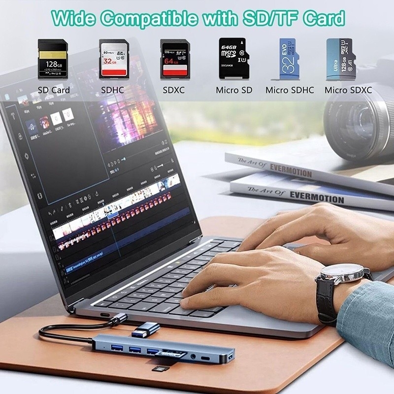 8-In-1 USB 3.0 Hub 3*USB 2.0 3.5mm Audio SD/TF Card Reader Output لنقل البيانات والشحن