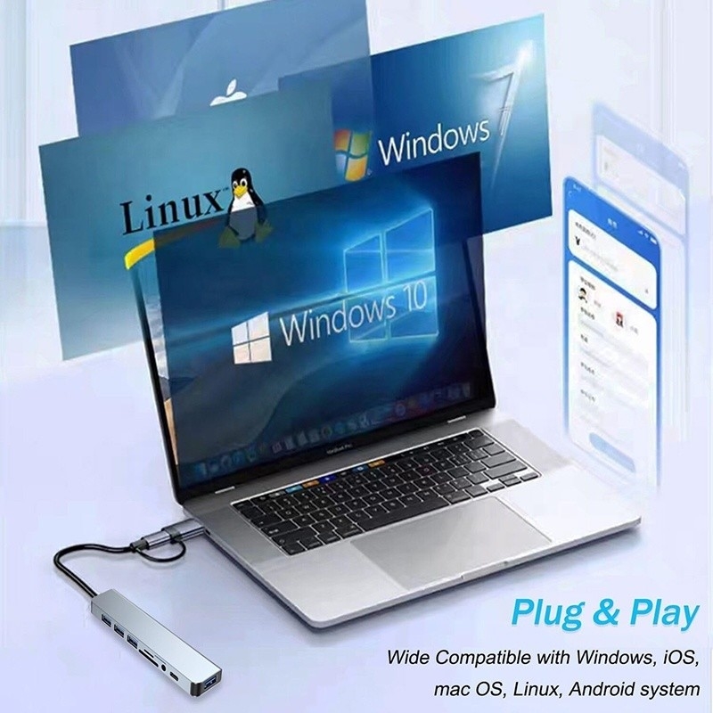 8-In-1 USB 3.0 Hub 3*USB 2.0 3.5mm Audio SD/TF Card Reader Output لنقل البيانات والشحن
