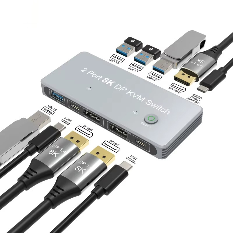 منفذ العرض ذو منفذين ومفتاح USB KVM 4K 144Hz 8K 60Hz 1.4 مع واجهة USB 1.4 DP