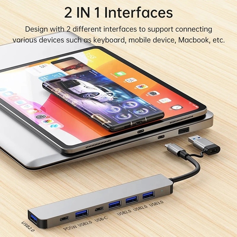 سبيكة الألومنيوم 7 في 1 USB Splitter للكمبيوتر المحمول الكمبيوتر المكتبية مقبول OEM / ODM