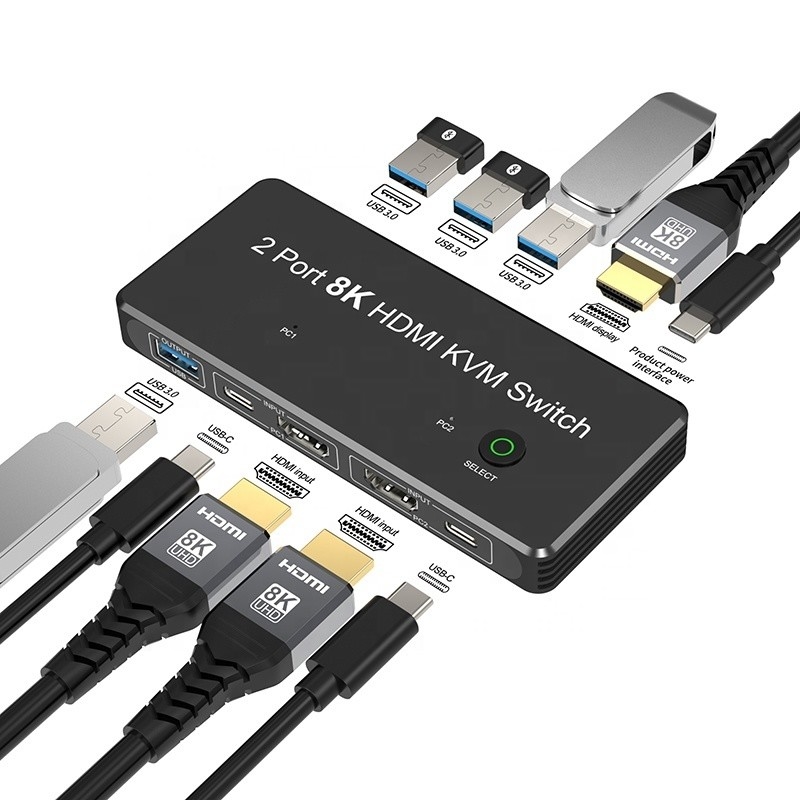 2 منفذ HDMI 2.1 محول KVM مع USB 3.0 2 مدخل 1 مخرج مؤشرات LED إناث-إناث