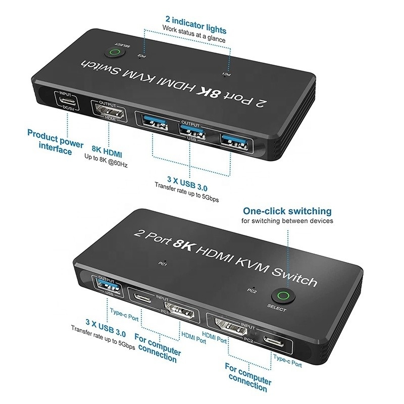 2 منفذ HDMI 2.1 محول KVM مع USB 3.0 2 مدخل 1 مخرج مؤشرات LED إناث-إناث
