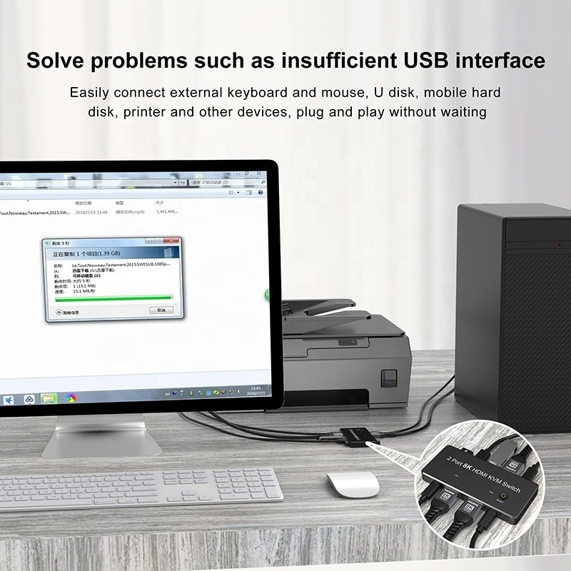 2 منفذ HDMI 2.1 محول KVM مع USB 3.0 2 مدخل 1 مخرج مؤشرات LED إناث-إناث
