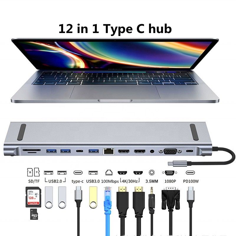 12 في 1 محطة توصيل USB-C من النوع C لشحن نقل البيانات ووظيفة مكبر الصوت