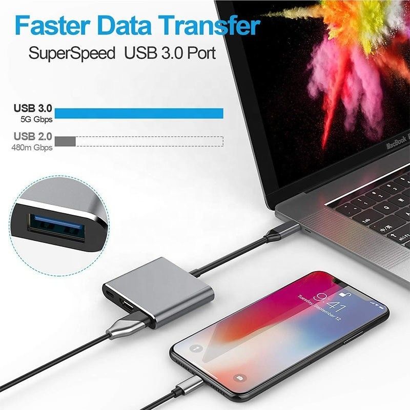 3-في-1 USB C Type C مركز متعدد الوظائف إلى USB-C PD HDMI USB 3.0 كابل محول محول