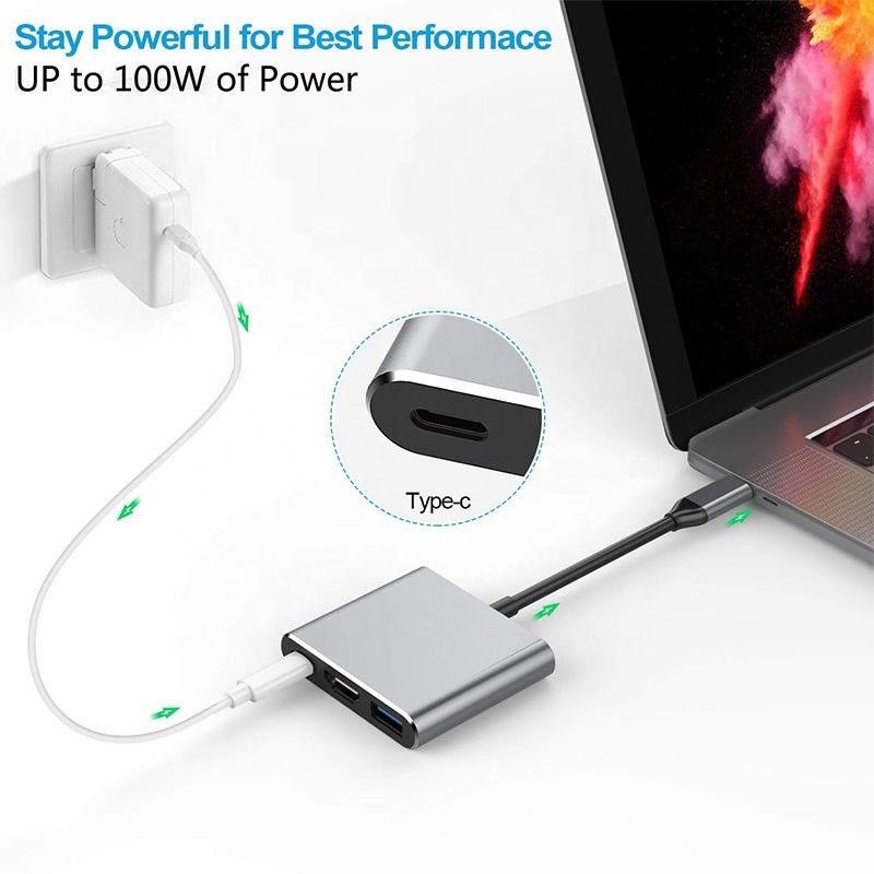 3-في-1 USB C Type C مركز متعدد الوظائف إلى USB-C PD HDMI USB 3.0 كابل محول محول