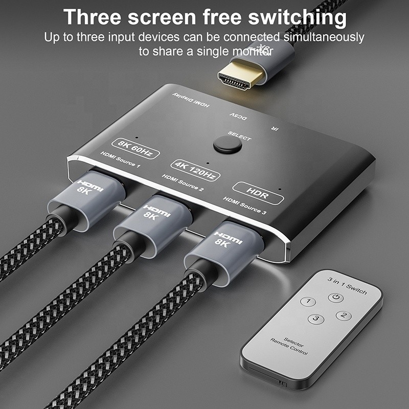 8K 120 هرتز HDR 3 منفذ HDMI المفتاح المفتاح 3 في 1 خارج وصلة محول عن بعد