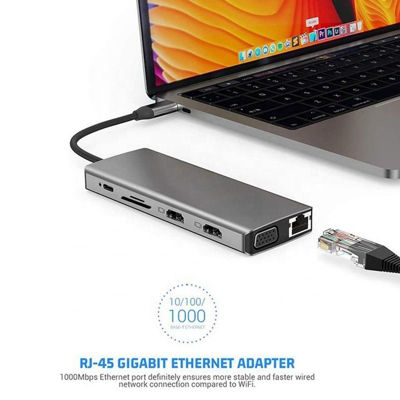12-في-1 محطة توصيل USB من النوع C HDMI 1080P 60Hz 2 * HDMI VGA RJ45 4 * USB Audio SD / TF PD
