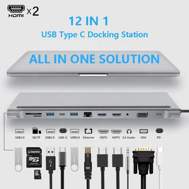 اتصال محسن 12 في 1 محطة رصيف USB C Type-C Hub Multiport مع HDMI مزدوج