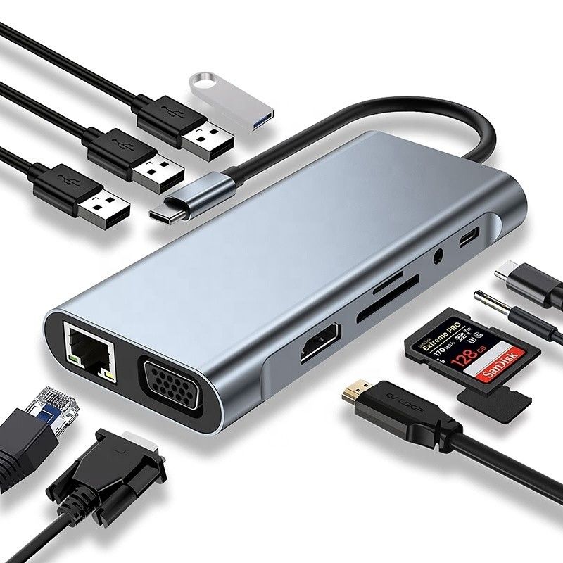 موصل محور USB C متعدد الوظائف مع قارئ بطاقات SD TF Ethernet Gigabit RJ45 HDMI VGA USB 3.0
