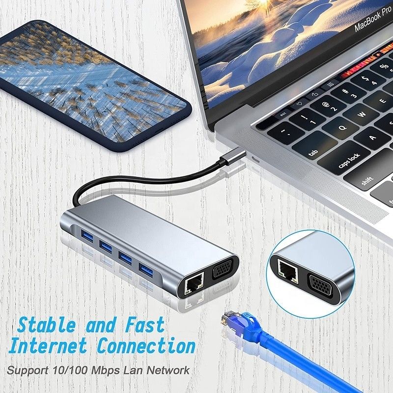 موصل محور USB C متعدد الوظائف مع قارئ بطاقات SD TF Ethernet Gigabit RJ45 HDMI VGA USB 3.0