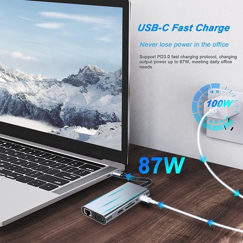 موصل محور USB C متعدد الوظائف مع قارئ بطاقات SD TF Ethernet Gigabit RJ45 HDMI VGA USB 3.0