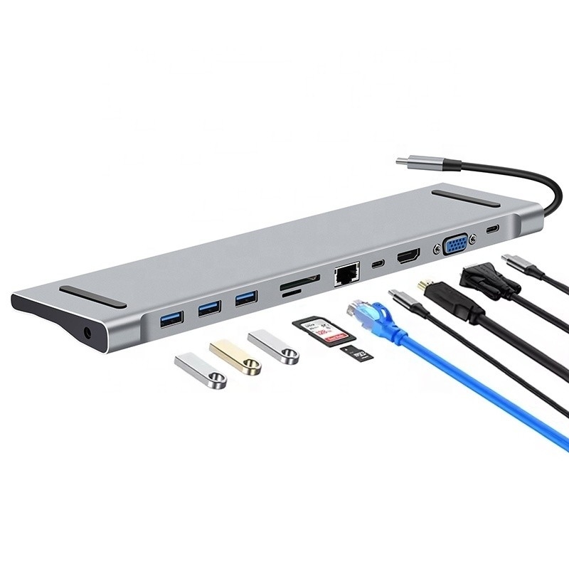 11 في 1 محطة توصيل USB C Type C مع VGA Ethernet 3.5MM Audio TF / SD Card Reader