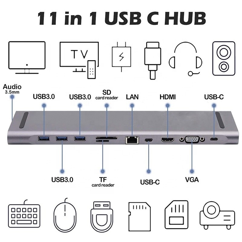 11 في 1 محطة توصيل USB C Type C مع VGA Ethernet 3.5MM Audio TF / SD Card Reader
