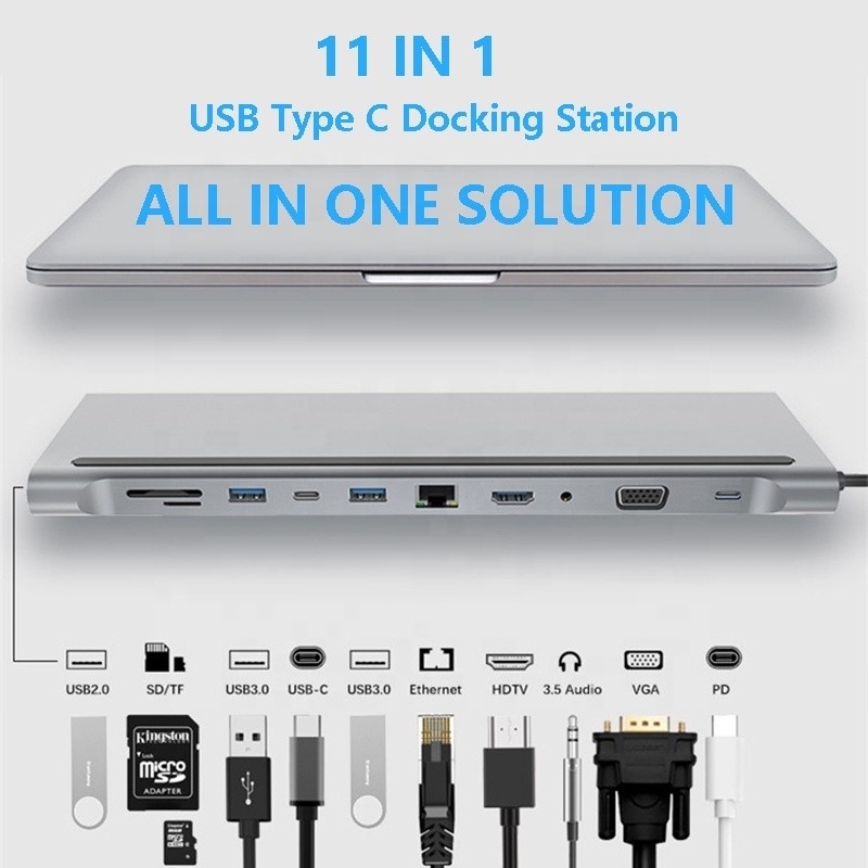 11 في 1 Multiport USB C USB-C Type-C PD 4K HDTV Hub Adapter محطة توصيل مع RJ45