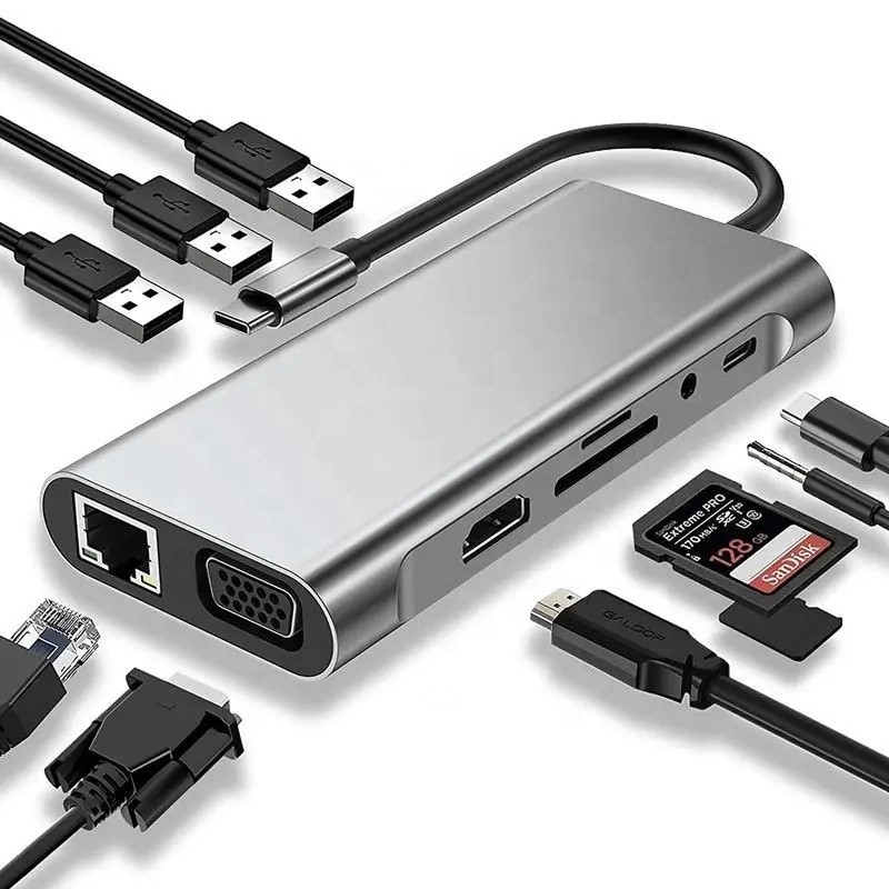 USB C Hub Type-C إلى USB 3.0 HDMI VGA RJ45 Lan SD TF الصوتية USB Grey Multiport Adapter