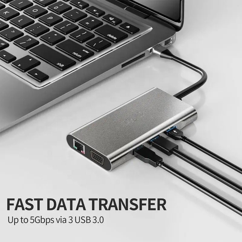 USB C Hub Type-C إلى USB 3.0 HDMI VGA RJ45 Lan SD TF الصوتية USB Grey Multiport Adapter