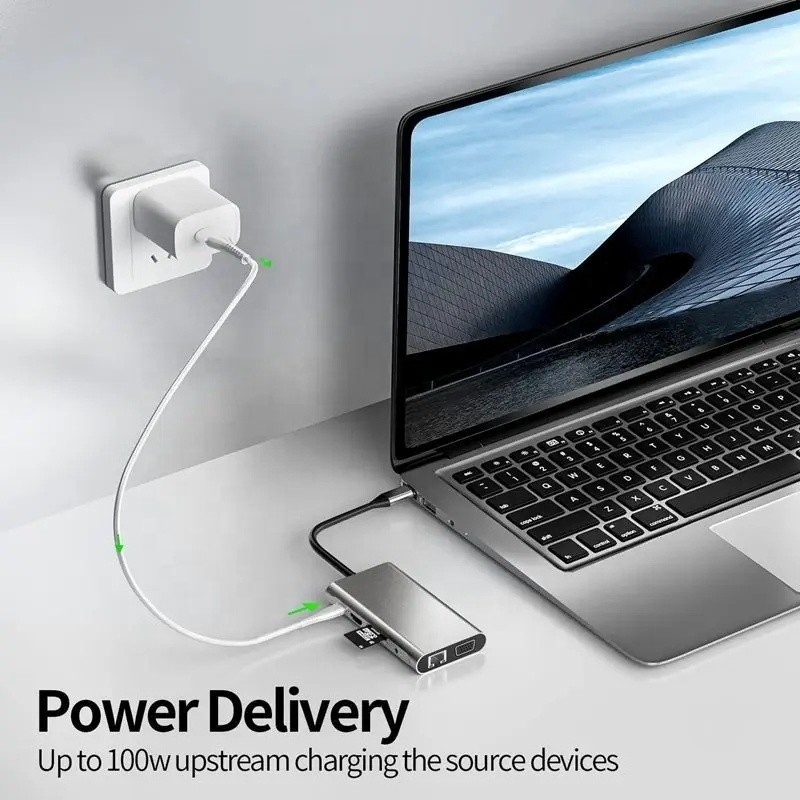 USB C Hub Type-C إلى USB 3.0 HDMI VGA RJ45 Lan SD TF الصوتية USB Grey Multiport Adapter