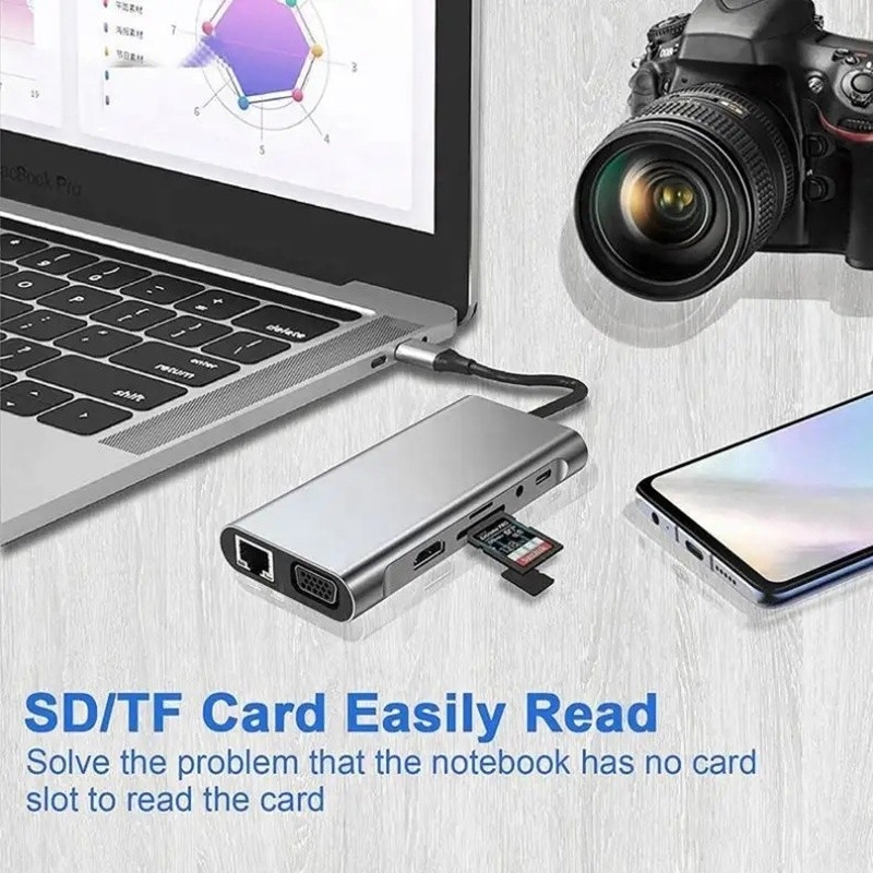 USB C Hub Type-C إلى USB 3.0 HDMI VGA RJ45 Lan SD TF الصوتية USB Grey Multiport Adapter