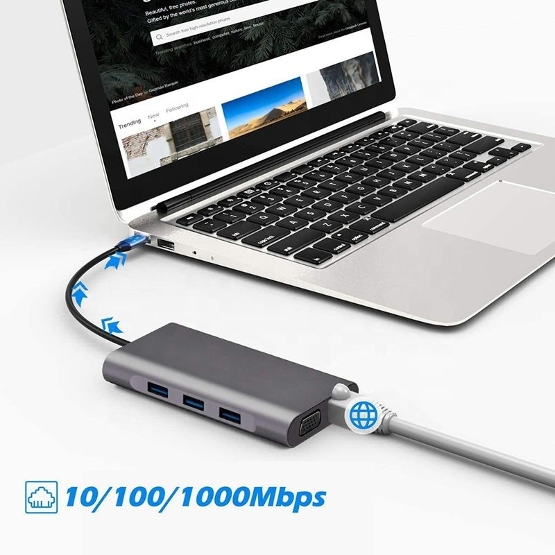 USB C Hub Type-C إلى USB 3.0 HDMI VGA RJ45 Lan SD TF الصوتية USB Grey Multiport Adapter