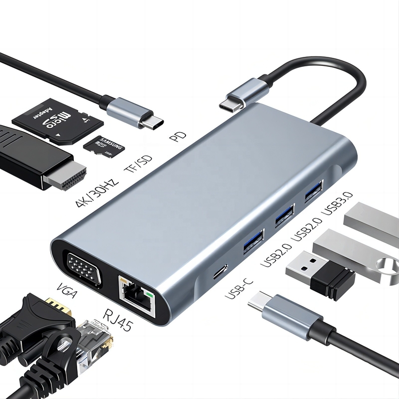 محطة توصيل USB C Type C 10 في 1 مع 4K HDTV VGA Lan RJ45 USB3.0 Card Reader PD