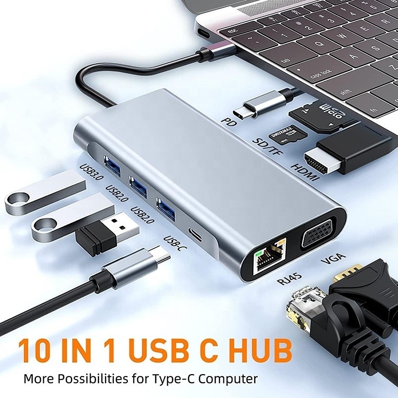 محطة توصيل USB C Type C 10 في 1 مع 4K HDTV VGA Lan RJ45 USB3.0 Card Reader PD