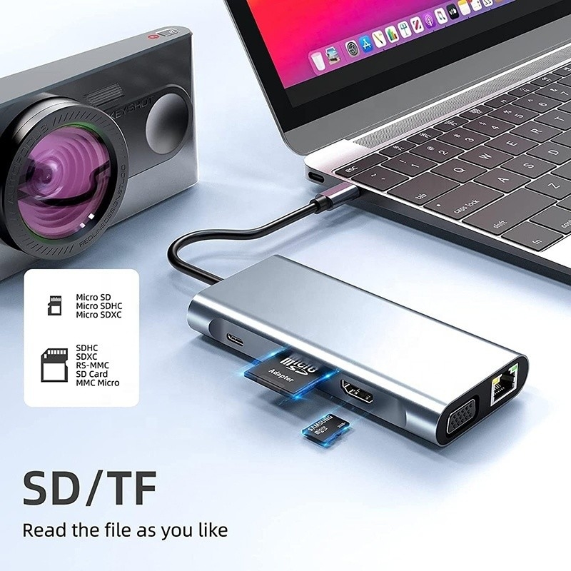 محطة توصيل USB C Type C 10 في 1 مع 4K HDTV VGA Lan RJ45 USB3.0 Card Reader PD