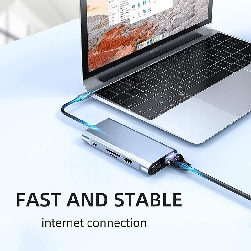 محطة توصيل USB C Type C 10 في 1 مع 4K HDTV VGA Lan RJ45 USB3.0 Card Reader PD