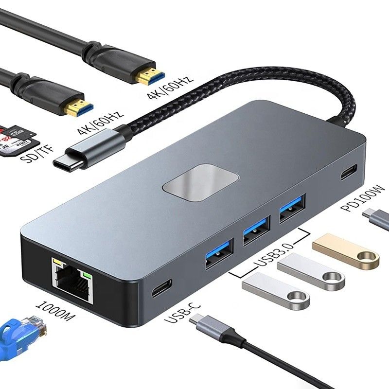 10 في 1 محور USB C إلى HDMI مزدوج 4K 60 هرتز مرفق محول مع USB 3.0 Ethernet RJ45 1000Mbps