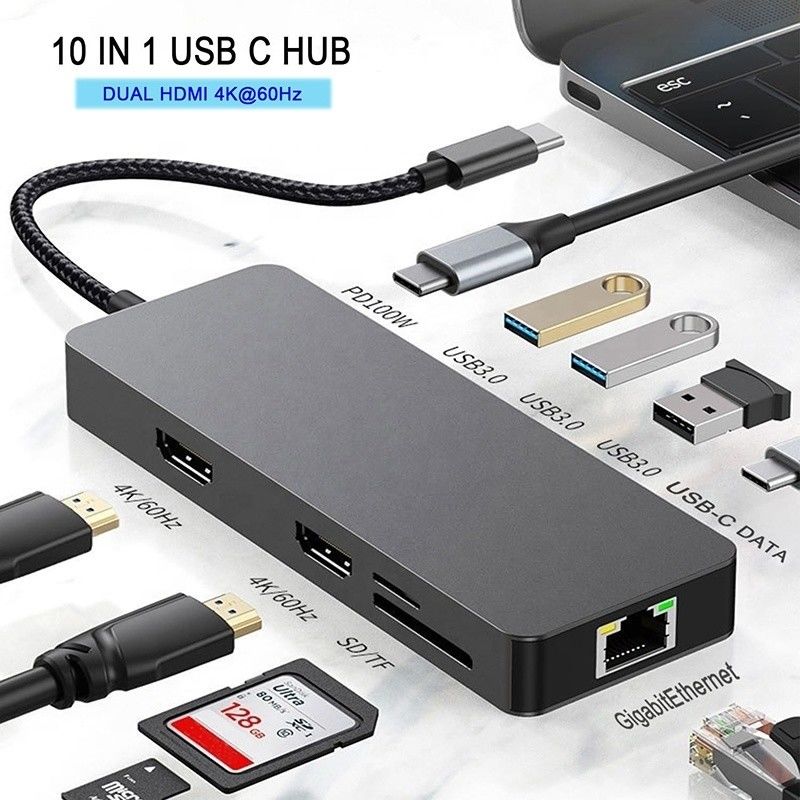 10 في 1 محور USB C إلى HDMI مزدوج 4K 60 هرتز مرفق محول مع USB 3.0 Ethernet RJ45 1000Mbps