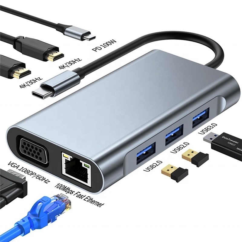 محطة توصيل USB C متعددة الوظائف 8-In-1 مع منفذين HDMI مزدوجين 4K و 2 HDMI رمادي