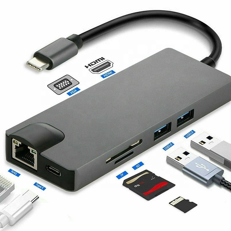 8-في-1 محور USB C Type-C Type C 3.1 إلى 4K HDMI HDTV RJ45 Lan Ethernet PD محور محول USB3.0